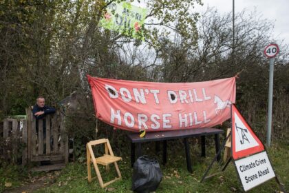 An environmental protection camp near the planned site for new oil wells at Horse Hill in Surrey, UK.