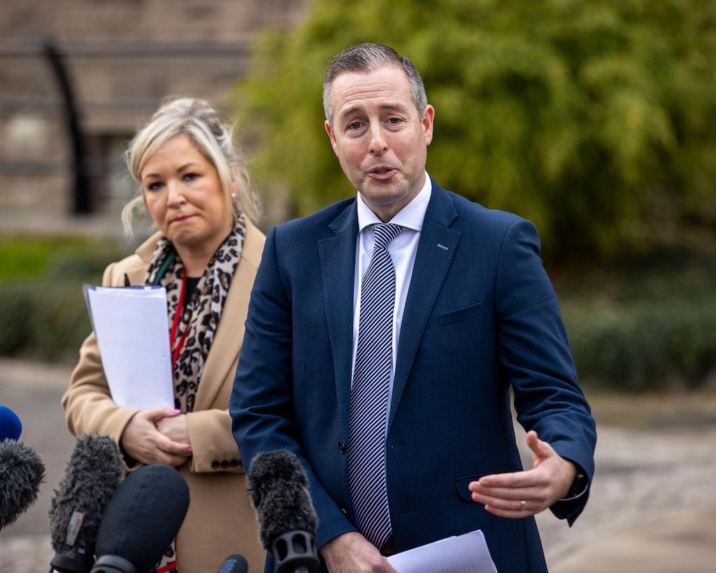 Former Northern Ireland First Minister Paul Givan speaking at a press conference alongside former deputy First Minister Michelle O’Neill at Stormont Castle in 2021.