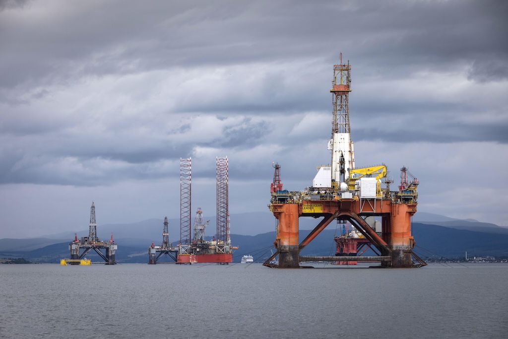 Drilling rigs moored at Nigg in the Cromarty Firth. 