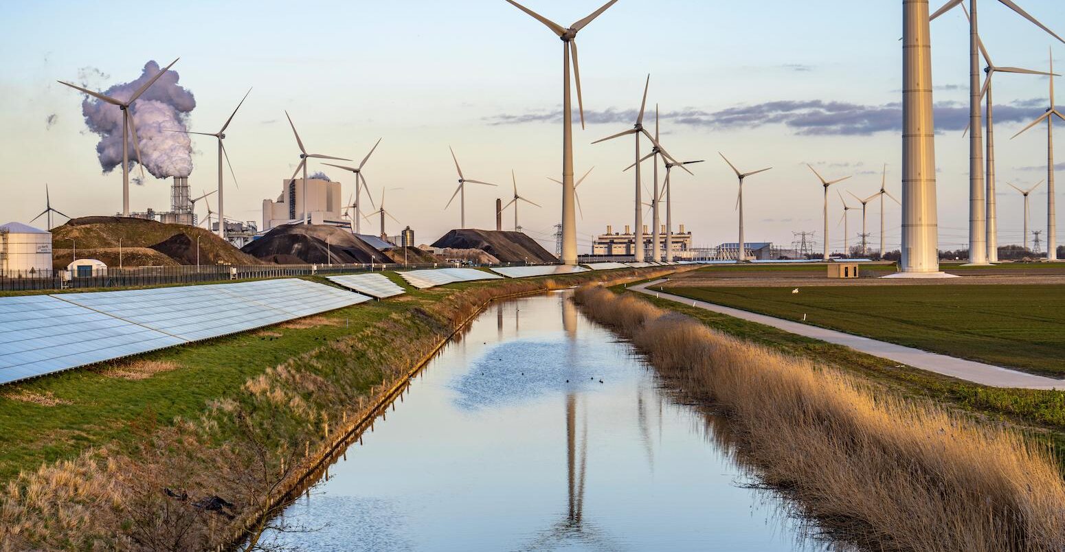 A solar park on the Slaperdijk dyke near Eemshaven, Netherlands.