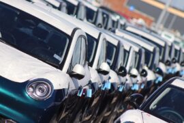 Close up of newly imported Chinese electric cars, awaiting UK distribution.