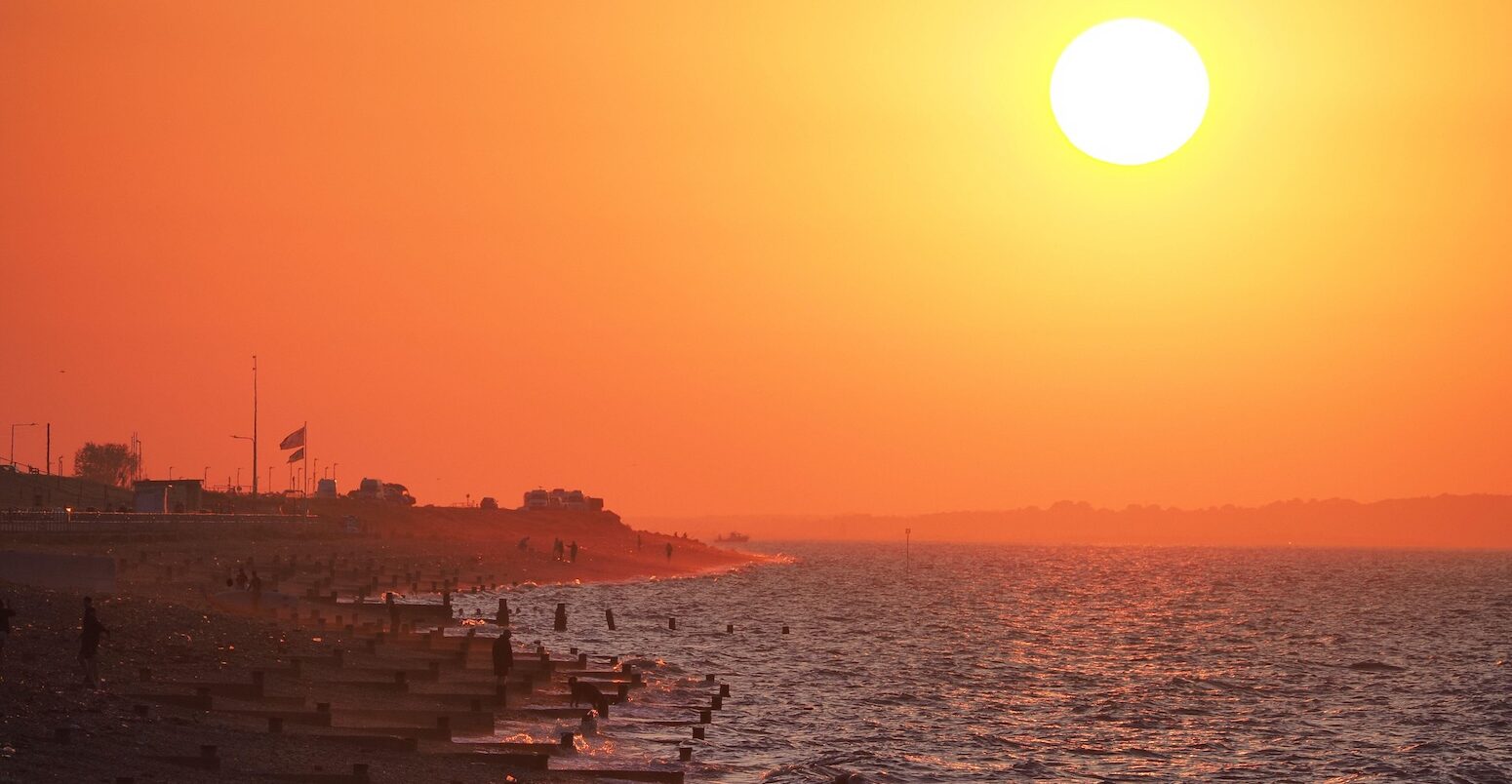 Sunset during heatwave at Minster on Sea, Kent, UK, June 2023.