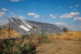 War-damaged solar panels in Blahodatne village, Ukraine.