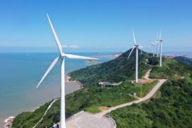 Wind turbines at Qushandao Wind Farm in Zhejiang province, China.