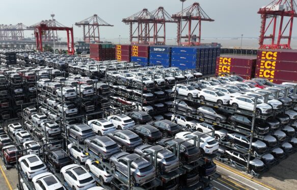 New EVs for export at a terminal of Taicang Port, east China.