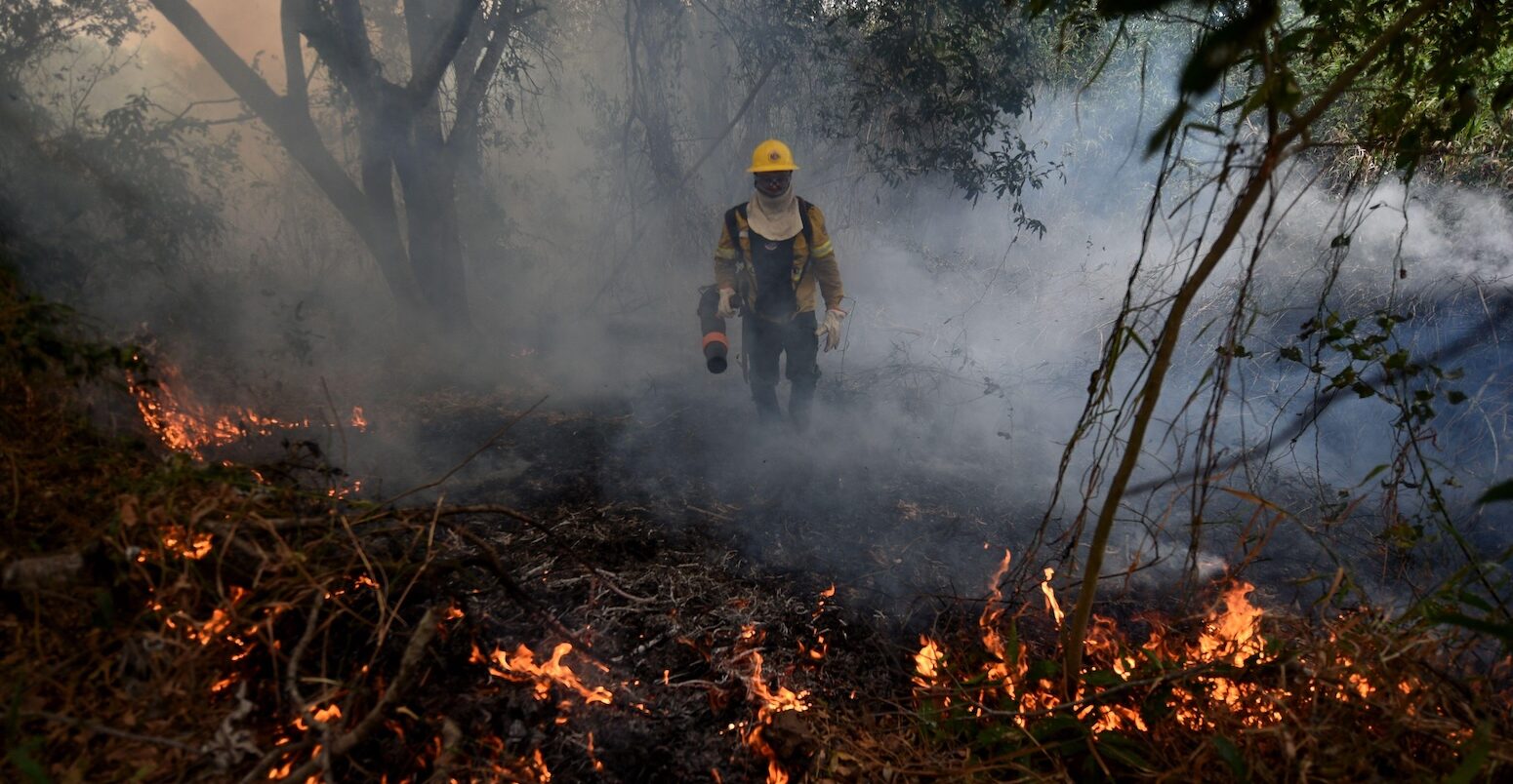 A firefighter working to put out a fire in the Pantanal in Mato Grosso do Sul, Brazil on 7 July 2024.