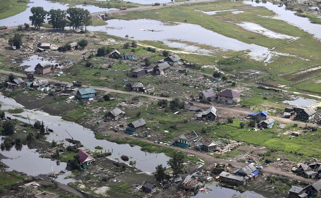 Aerial view of damage to homes caused in 2019 by extensive floods in Russia’s Irkutsk region.