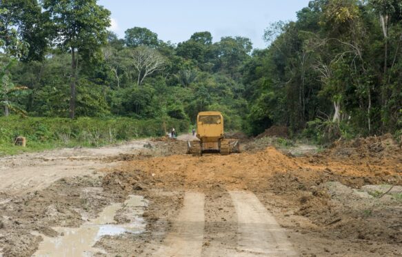 Bulldozer clears a dirt road in the Amazon near the Tapajos River in Para State, Brazil.