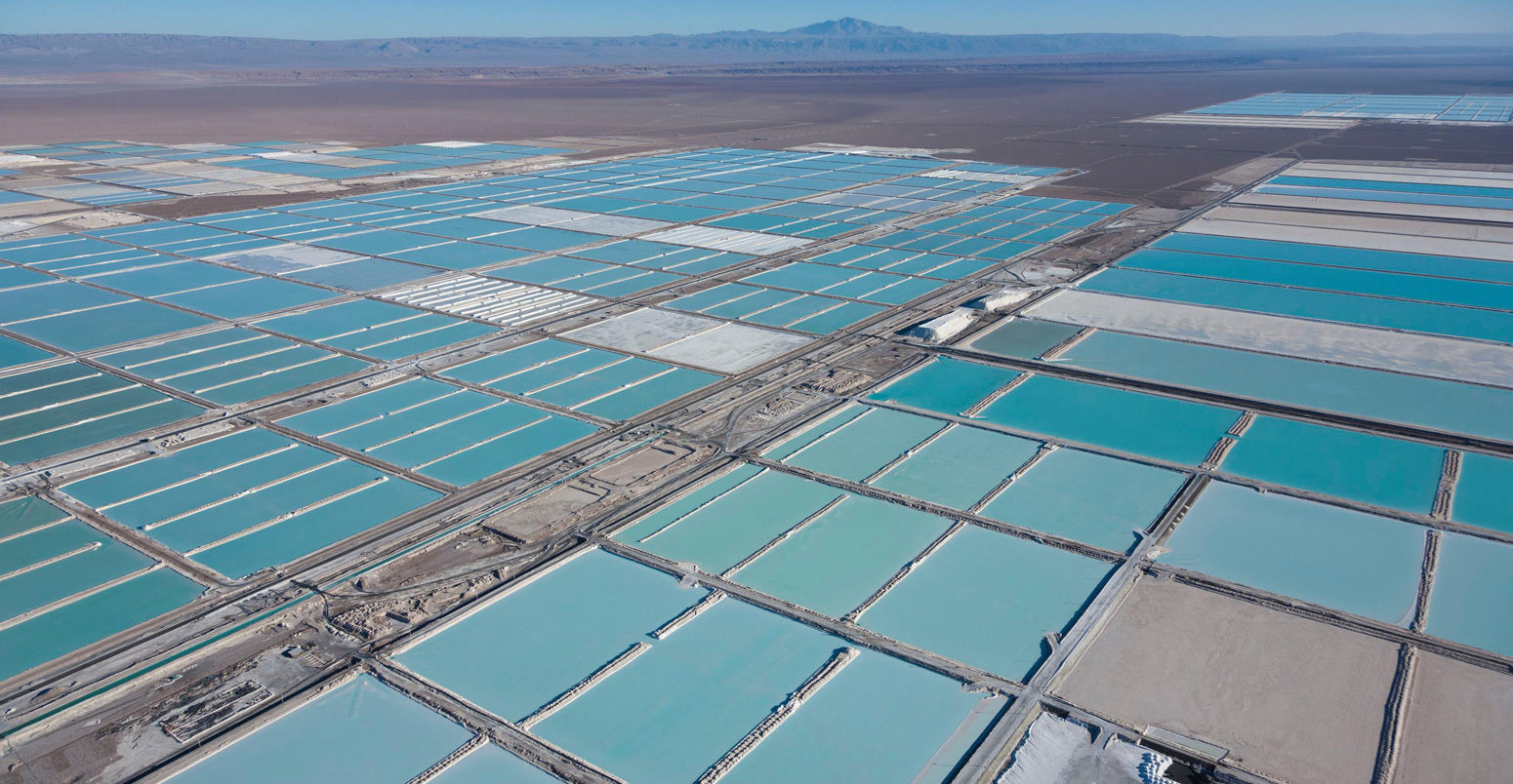 Evaporation ponds of the Sociedad Quimica Mineral de Chile lithium mine in Salar de Atacama