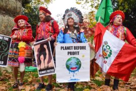 Indigenous protesters hold placards during a march in London