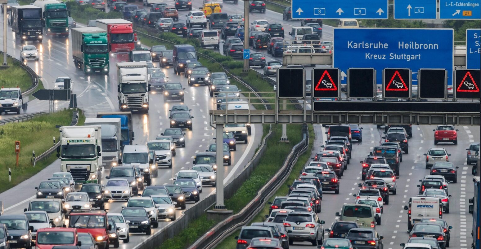 Heavy traffic on the Autobahn A8 motorway, near Stuttgart, Germany.