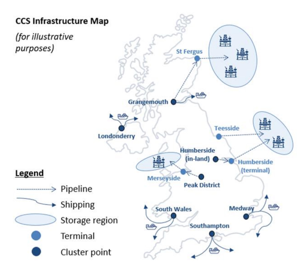 Potential locations for cluster points and
terminals for CO2 transport and storage infrastructure. 