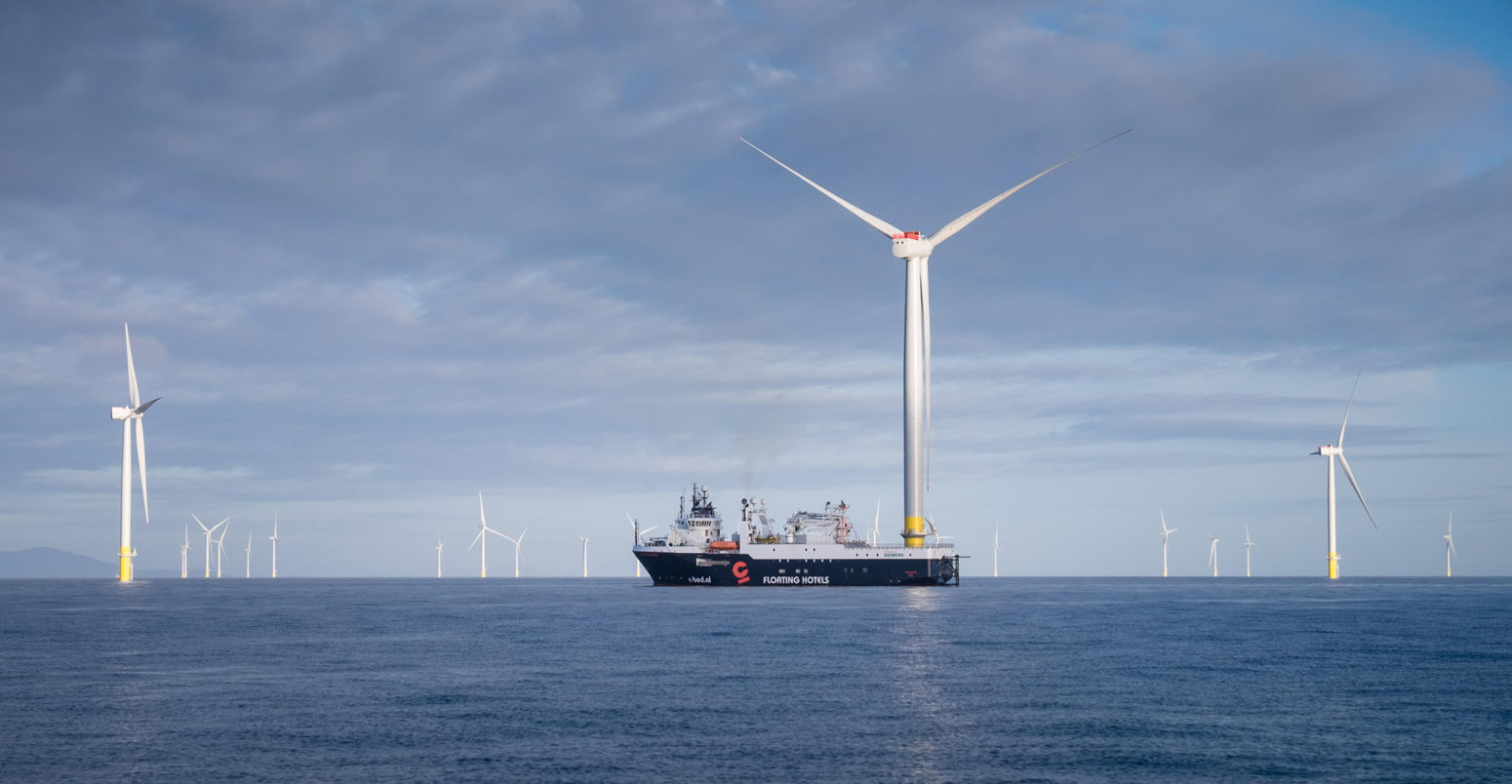 Ship constructing Walney extension of the offshore wind farm in the Irish Sea