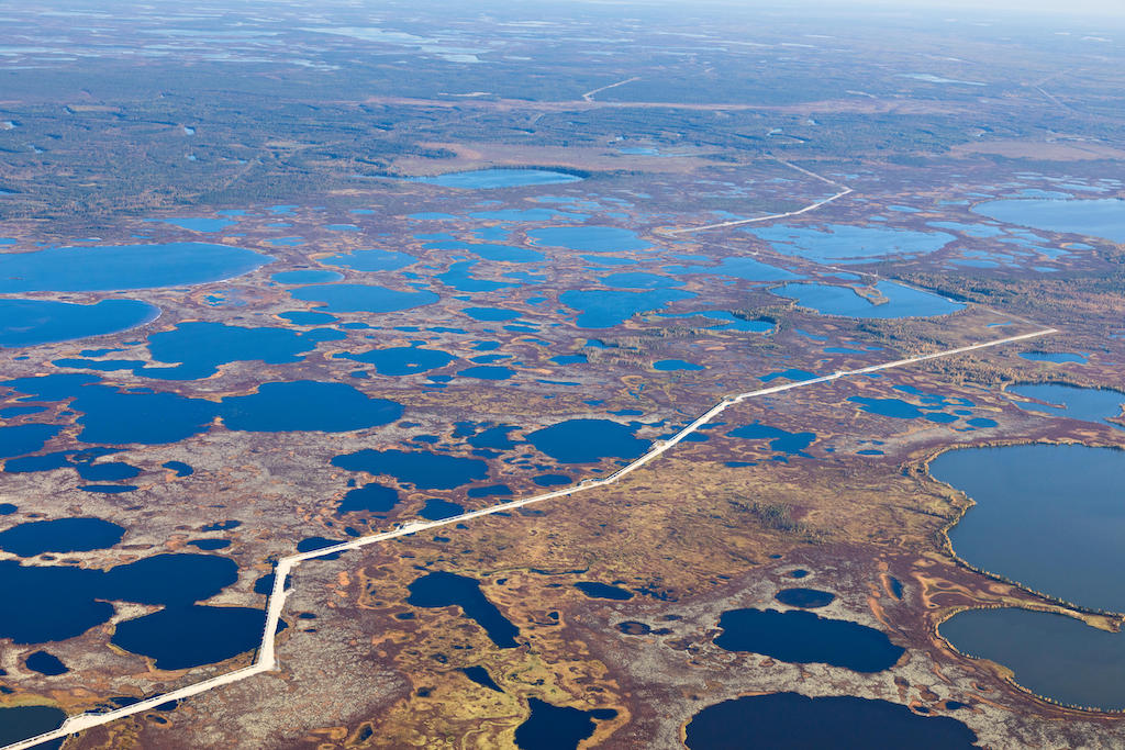 The route of the gas pipeline through endless swamps in Western Siberia in summer, 16 September 2017.