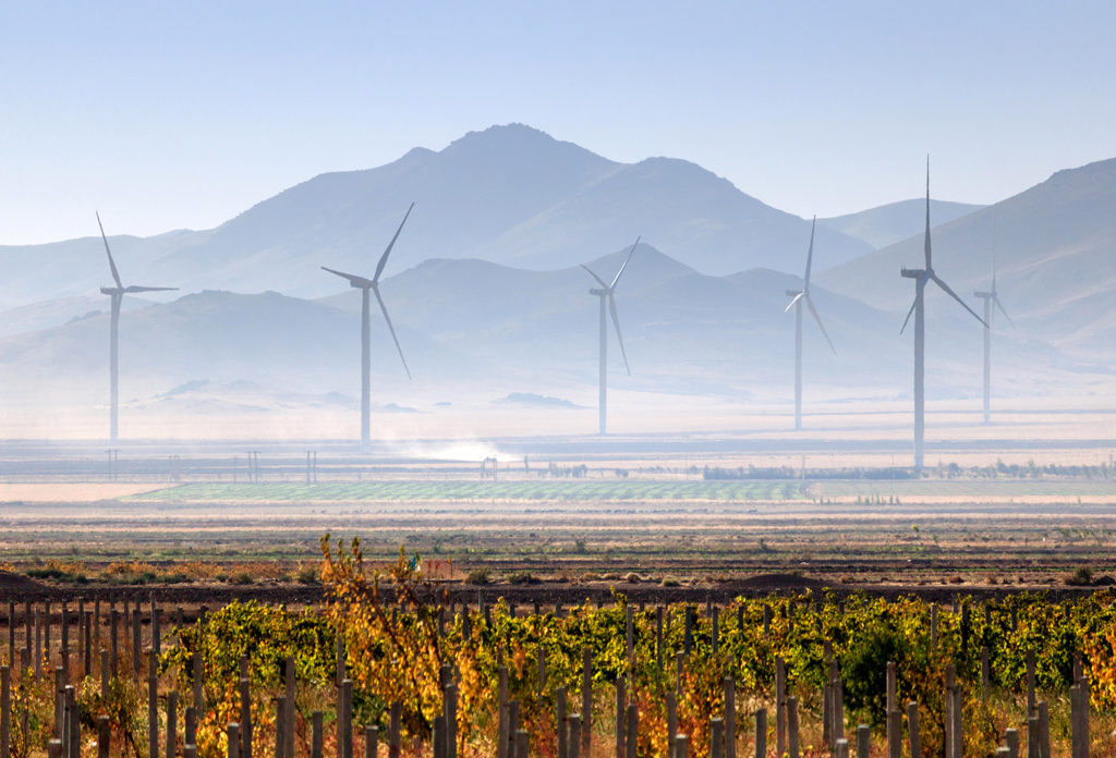 Wind turbines near Urmia, Iran. Credit: Kaveh Manafzadeh / Alamy Stock Photo. R9C8R3