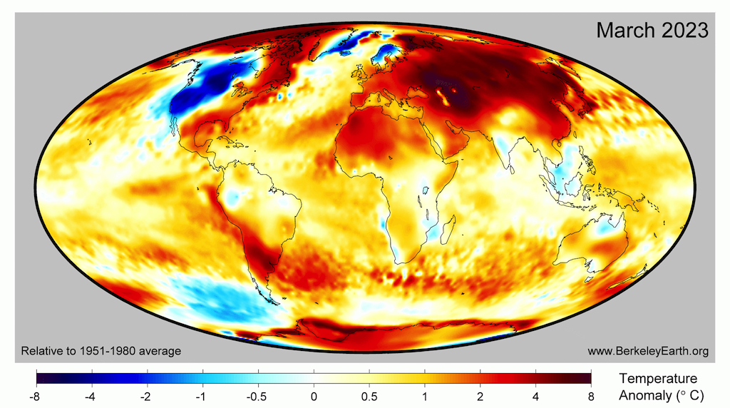 Global surface temperature anomalies for March 2023 compared to a 1951-1980 baseline period, taken from Berkeley Earth.
