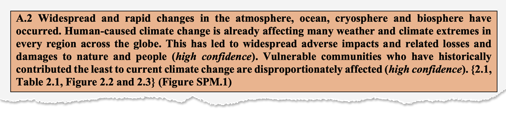 The A2 headline statement from the SPM that authors “spent hours crafting” to reflect vulnerability and impacts on human and natural systems. IPCC (2023) SPM p5