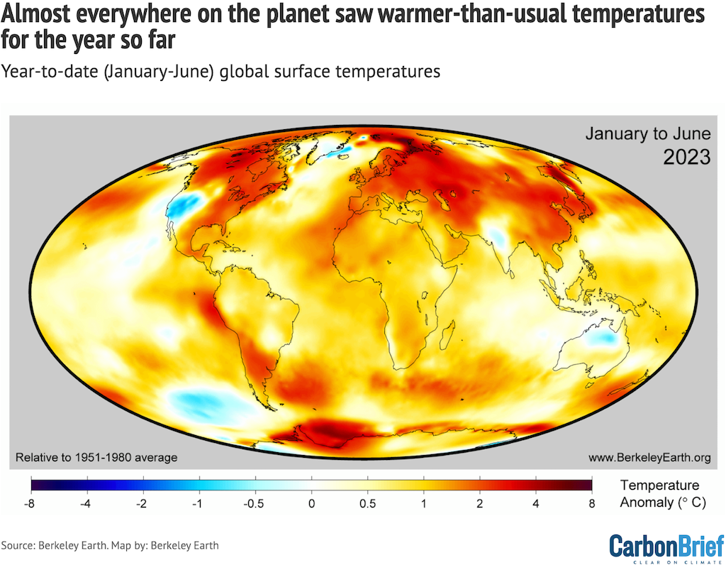 Map of year-to-date (January-June) global surface temperatures. Anomalies are shown relative to the 1951-1980 period following the convention used by Berkeley Earth.