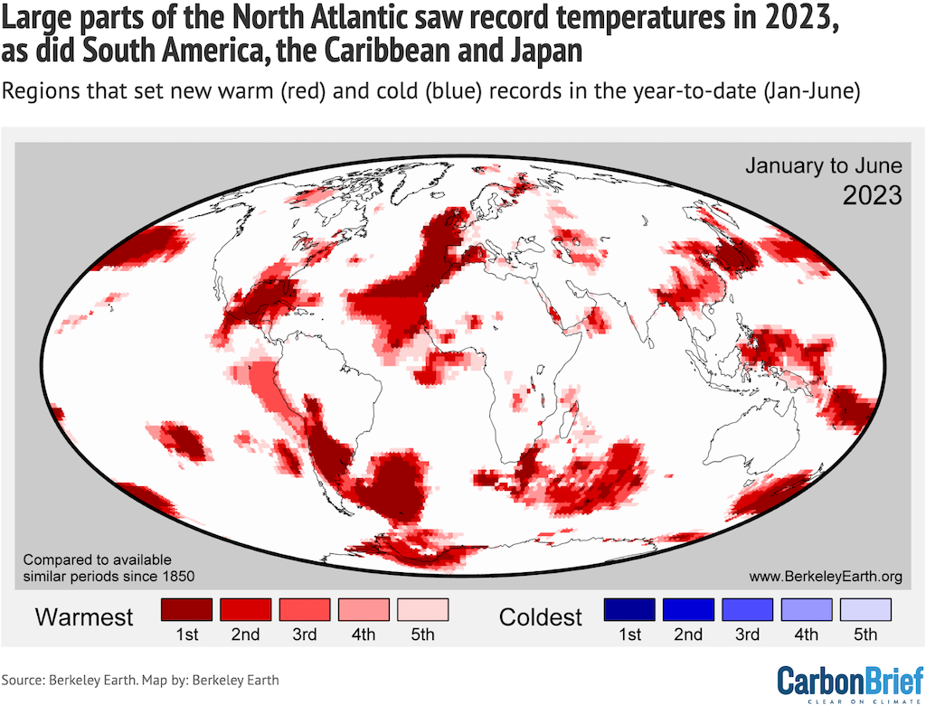 Map of year-to-date (January-June) regions that set new records (warmest through to fifth warmest). Note that no regions set cold records for the year-to-date in 2023.