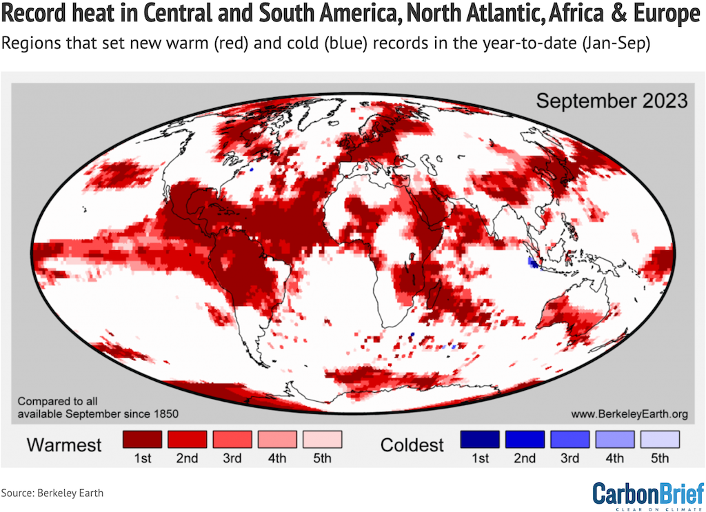 Map of year-to-date (January-September) regions that set new records (warmest through to fifth warmest).
