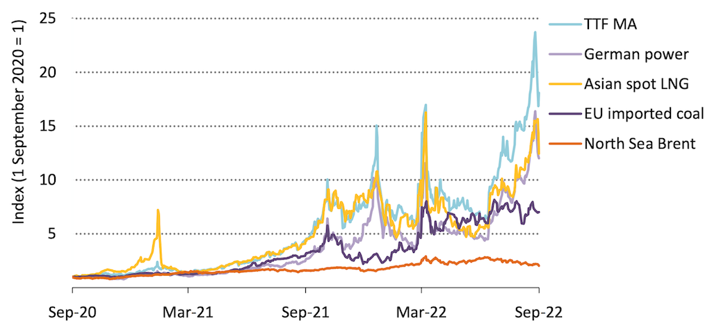 Selected energy price indicators, shown relative to September 2020 levels.