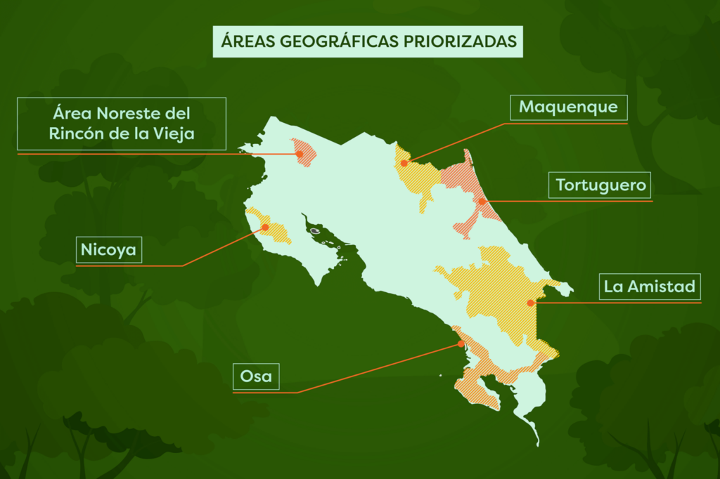 The aim of the Costa Rica debt-for-nature swap in 2007 was to promote the conservation, restoration and sustainable use of tropical forests outside protected areas in six regions across the country, as shown in the map. 