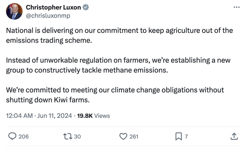 Christopher Luxon on X: National is delivering on our commitment to keep agriculture out of the emissions trading scheme.