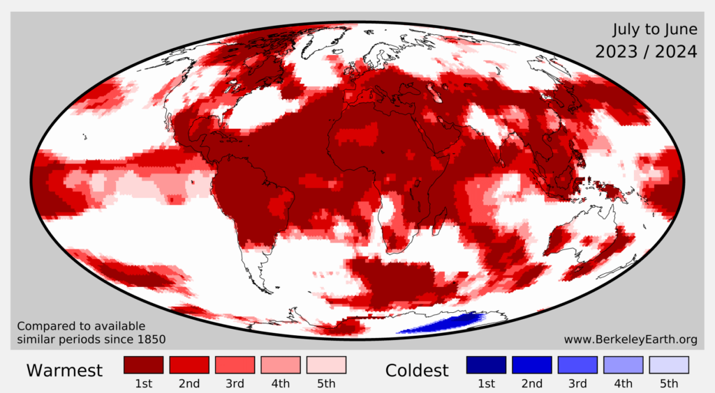 Locations setting record warm temperatures in the 12-month period from July 2023 to June 2024 compared to past July-June periods in data back to 1850.